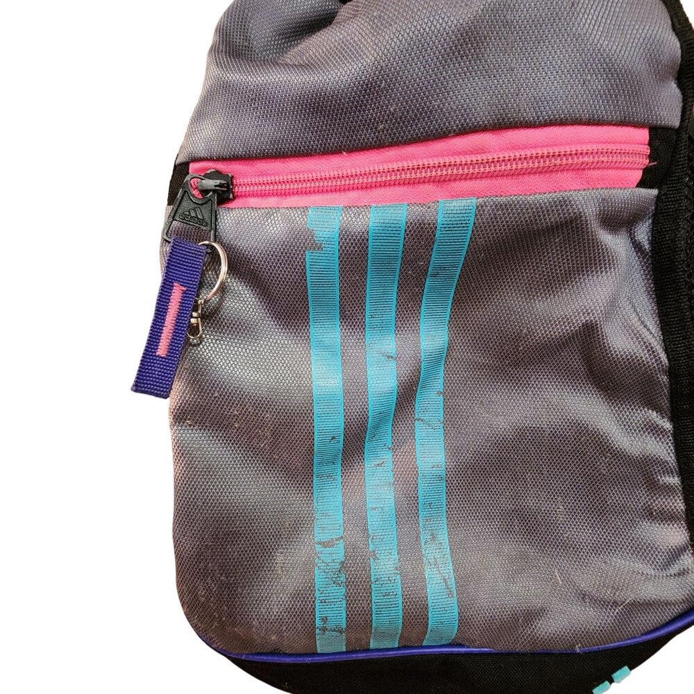 Adidas Gym Sack Drawstring Bag Pink Ropes Black W/ Blue Stripes & Mesh Pockets P